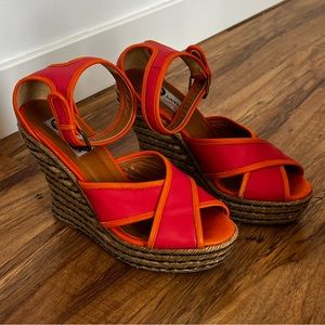 LANVIN raffia wedge coral leather 8.5
